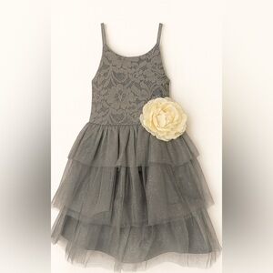 PINK & VIOLET gray dress with lace top and tiered tulle bottom with shimmer gold